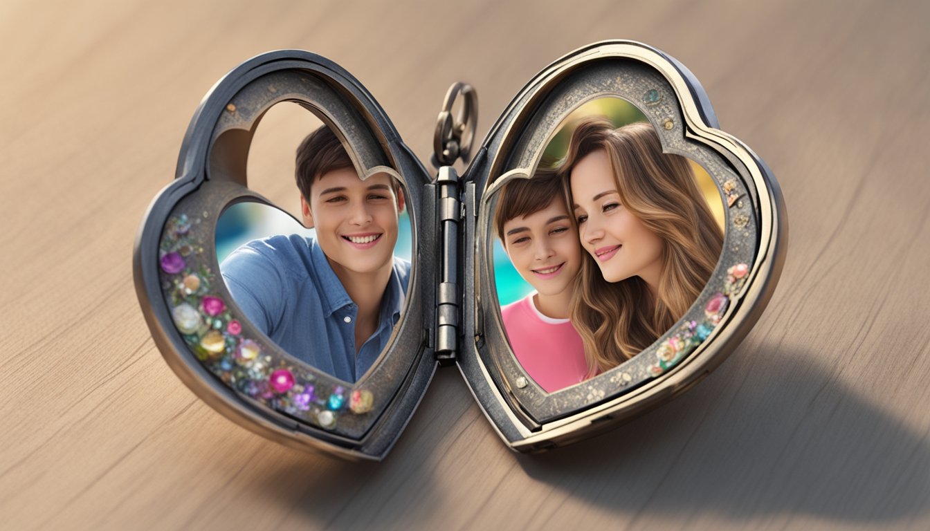 A broken heart-shaped locket lies open, revealing a photo of a couple. One half of the locket is tarnished, while the other half shines brightly