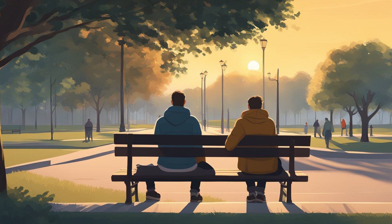 Two friends sitting on a bench in a park, one looking remorseful while the other appears distant. The setting sun casts a warm glow on the scene, creating a sense of nostalgia and longing