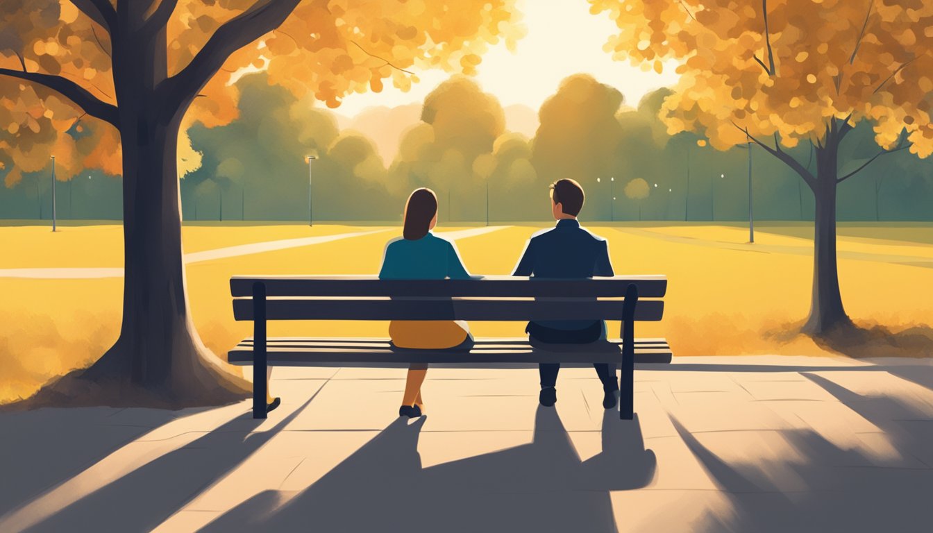 Two figures sitting on a park bench, one reaching out to the other with a gesture of reconciliation. The setting sun casts a warm glow over the scene