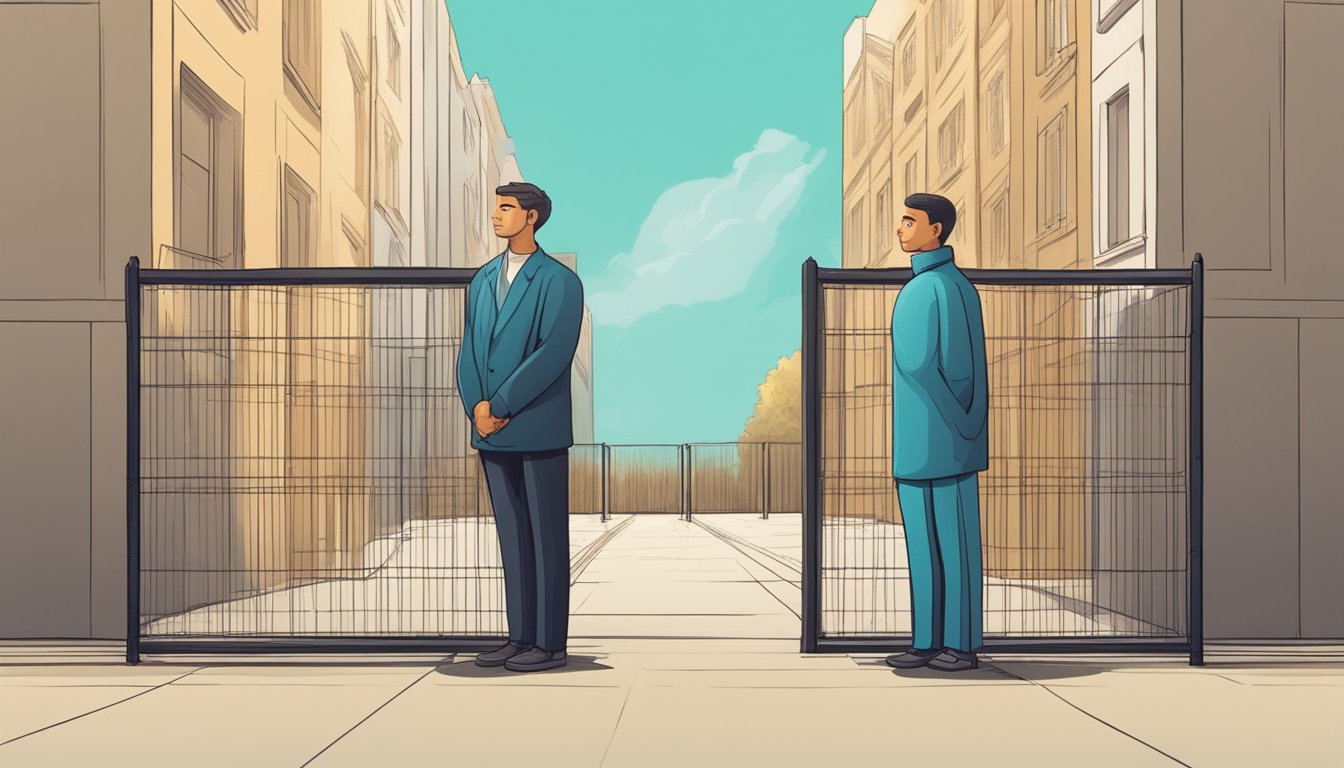 Two figures standing apart, one with a hopeful expression and the other with a conflicted look, surrounded by a barrier symbolizing the No Contact Rule