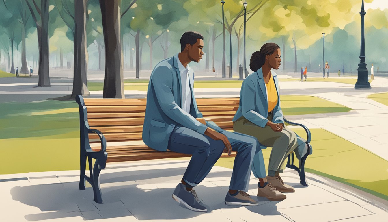 Two figures sitting on a park bench, facing each other with open body language. One figure is reaching out to the other with a gesture of reconciliation