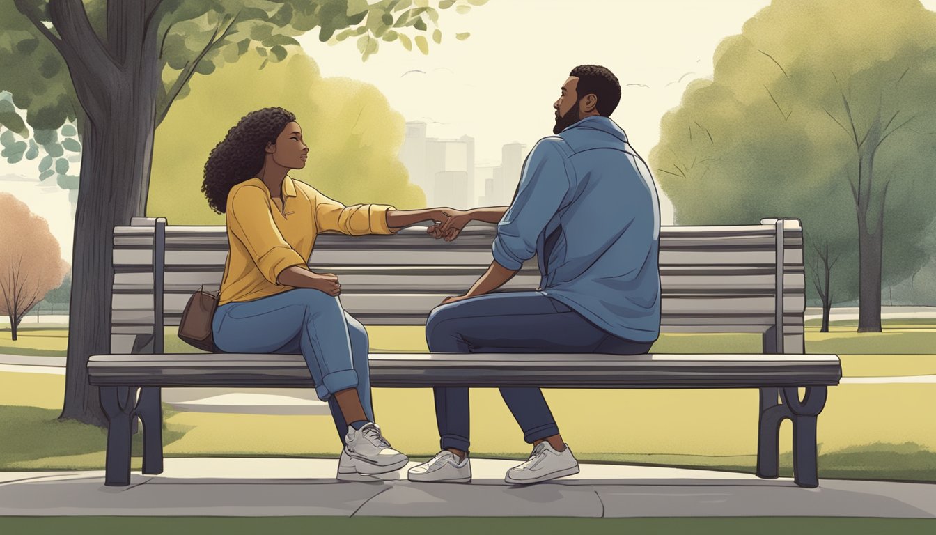 Two figures sitting on a park bench, one with a thoughtful expression and the other reaching out in a gesture of reconciliation