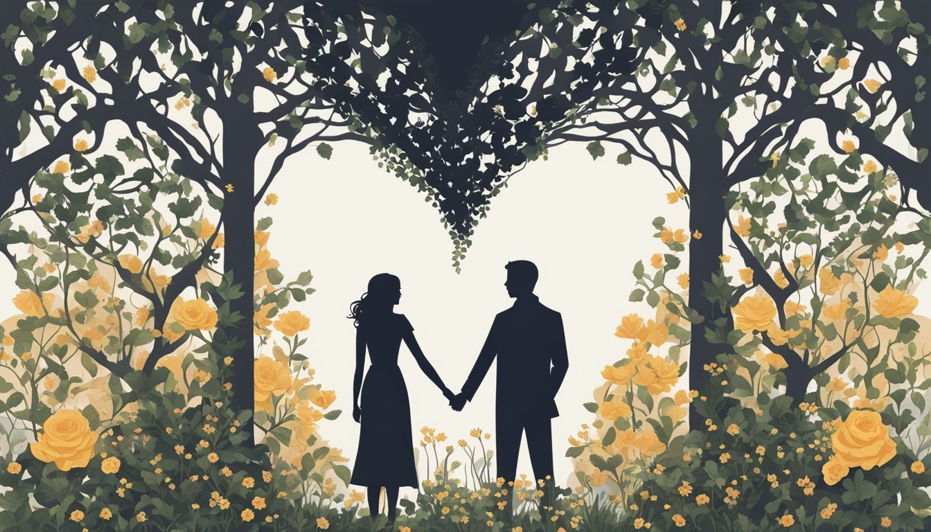 A couple's silhouette standing apart, with a broken heart symbol between them, surrounded by mending vines and flowers