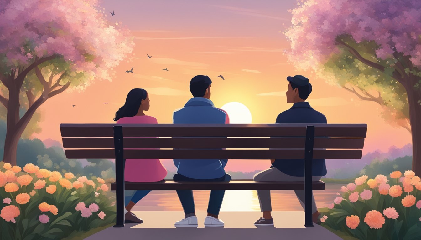 Two figures sitting on opposite sides of a park bench, one reaching out while the other looks away, surrounded by blooming flowers and a peaceful sunset