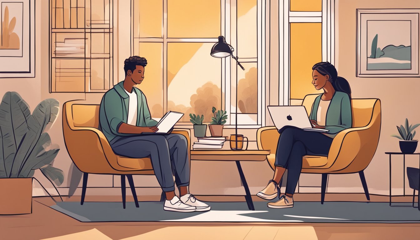 A person seeking advice from a relationship coach, sitting across from each other in a cozy office with warm lighting and a comfortable atmosphere