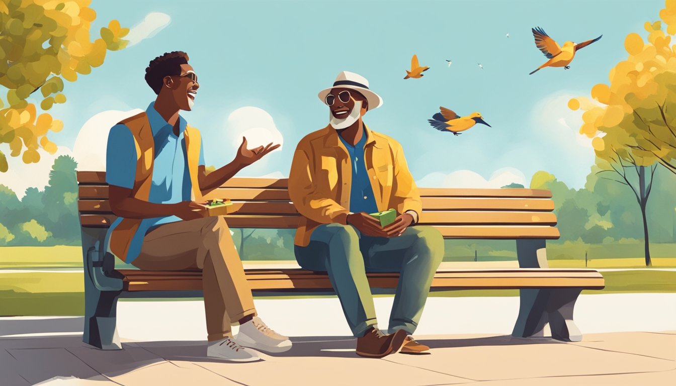 Two figures sitting on a park bench, talking and laughing. One figure extends a small gift to the other. The sun is shining and birds are chirping in the background