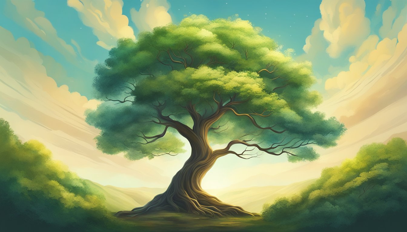 A lone tree stands tall, its branches reaching towards the sky. Surrounding it, vibrant greenery flourishes, symbolizing personal growth and self-improvement