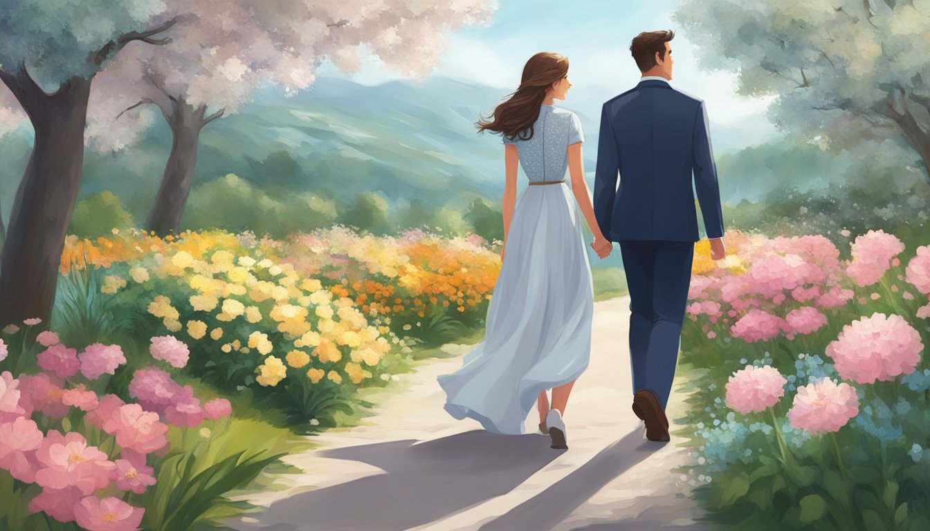 A man and woman walking side by side, facing forward with determined expressions, surrounded by a path of blooming flowers