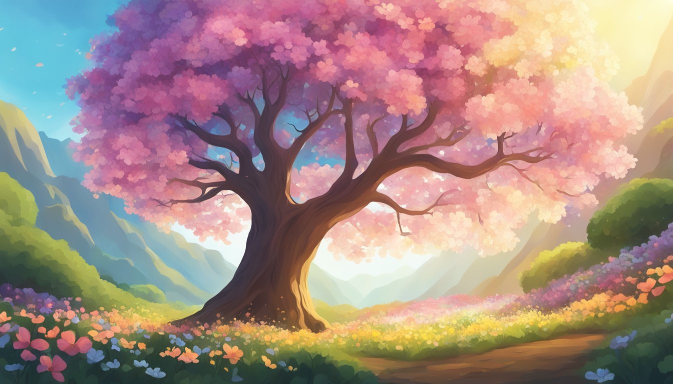 A vibrant tree growing taller and stronger, surrounded by blooming flowers and reaching towards the sunlight