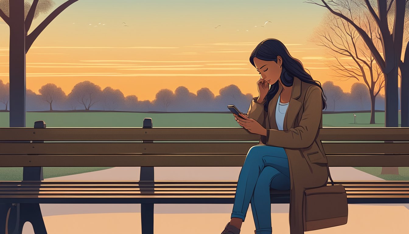 A woman sits alone on a park bench, staring at her phone with a pensive expression. The setting sun casts a warm glow over the scene