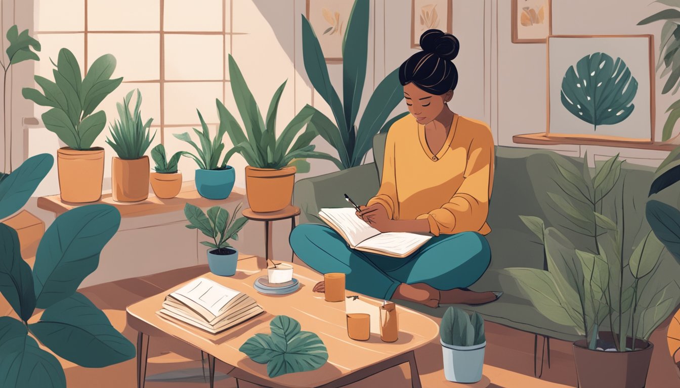 A person sitting in a cozy room, surrounded by plants, candles, and self-care items, while writing in a journal and practicing mindfulness exercises