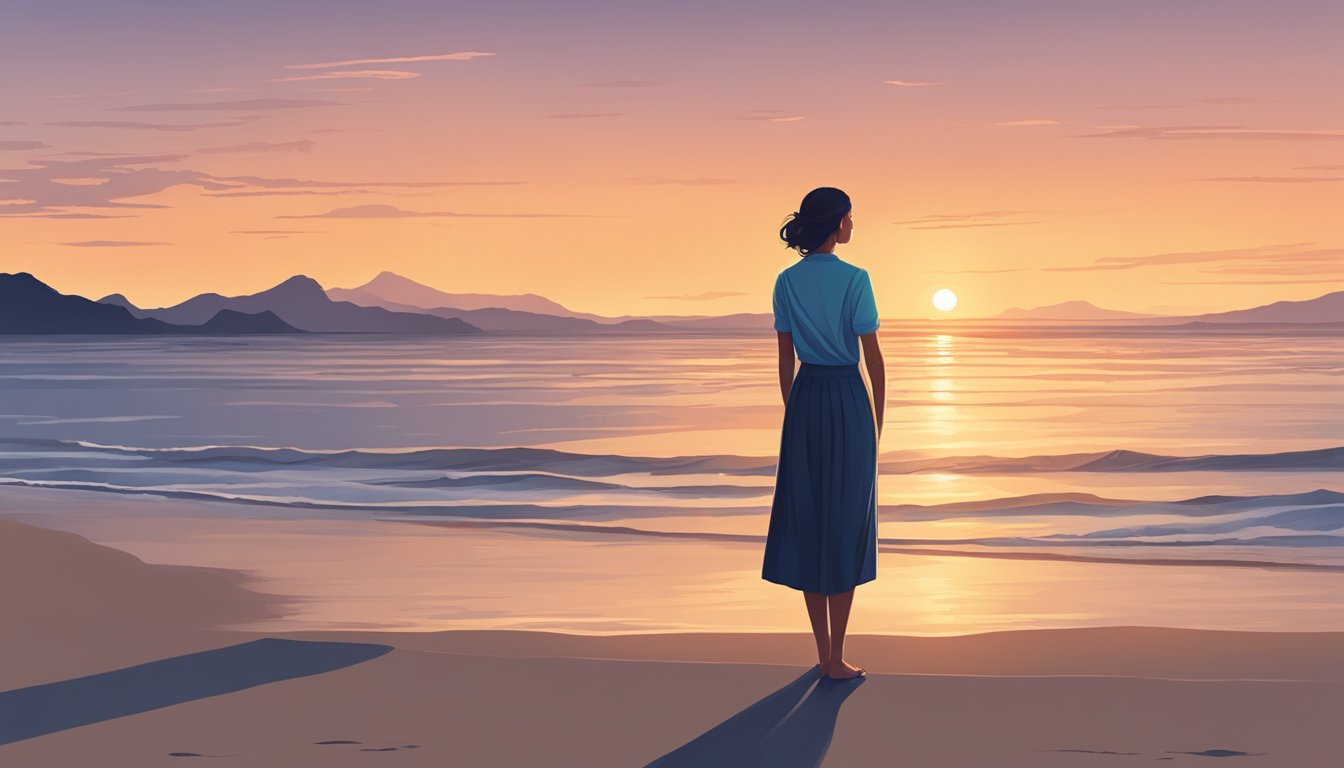 A woman standing alone on a beach at sunset, looking out at the ocean with a distant, contemplative expression