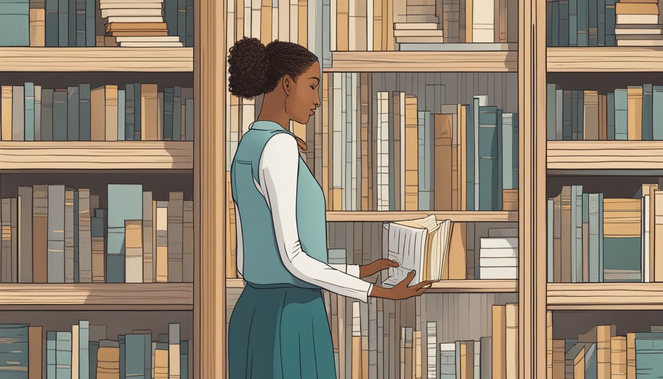 A woman standing in front of a bookshelf, reaching out to turn the page of a book with a title "How to Get Him Back"