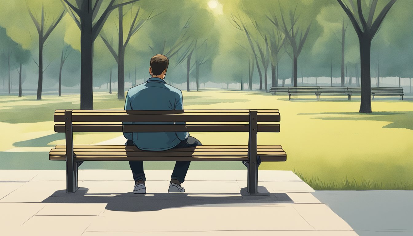 A man sitting on a park bench, surrounded by empty space and looking distant. A child reaching out to him, but he remains unresponsive