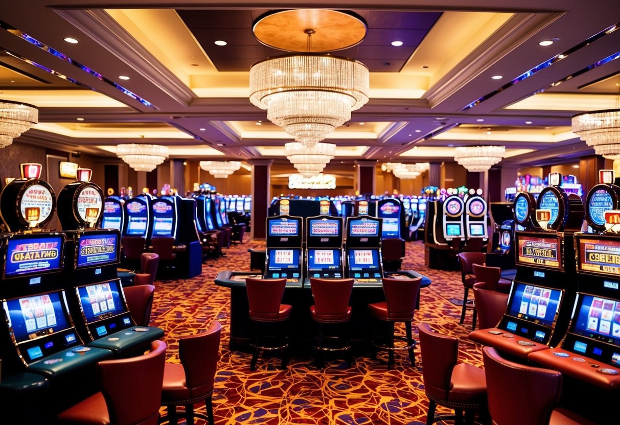 A bustling casino floor with colorful slot machines, card tables, and a lively atmosphere