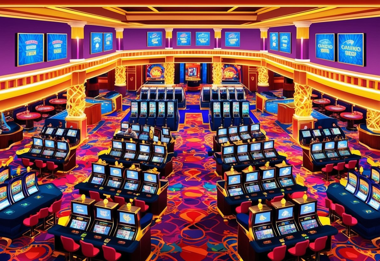 A vibrant casino floor with slot machines, card tables, and a lively atmosphere. Bright lights and colorful decor create an exciting gaming environment