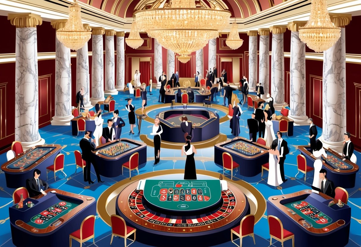 A grand Roman casino with marble columns and glitzy chandeliers. Patrons in elegant attire mingle around roulette and card tables