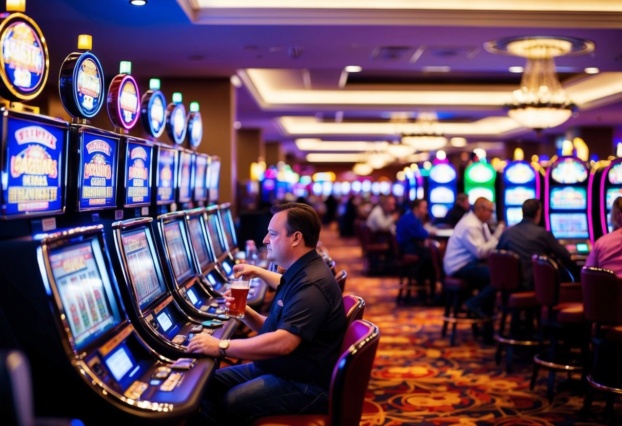 Brightly lit casino interior with rows of slot machines and gaming tables. Patrons enjoying drinks and playing games. Colorful and lively atmosphere