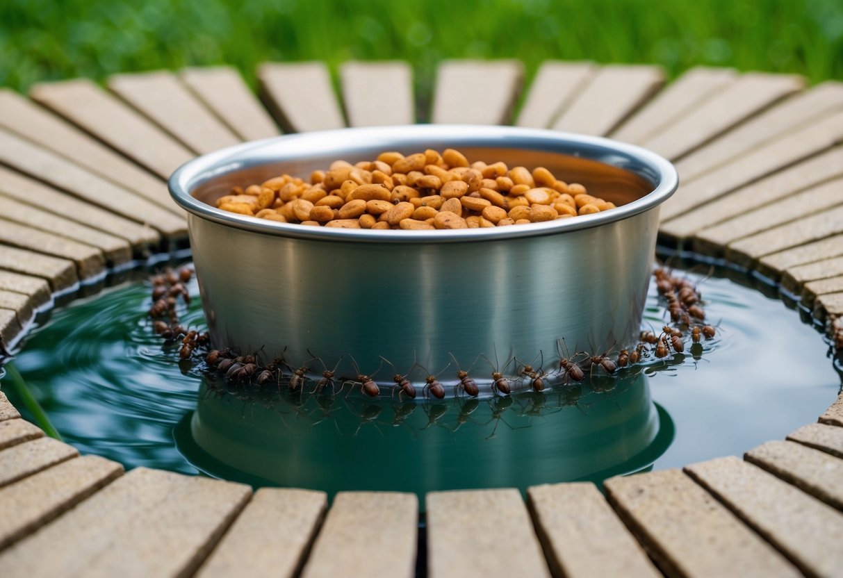 A pet food bowl surrounded by a moat of water, with a line of ants attempting to cross but unable to reach the food