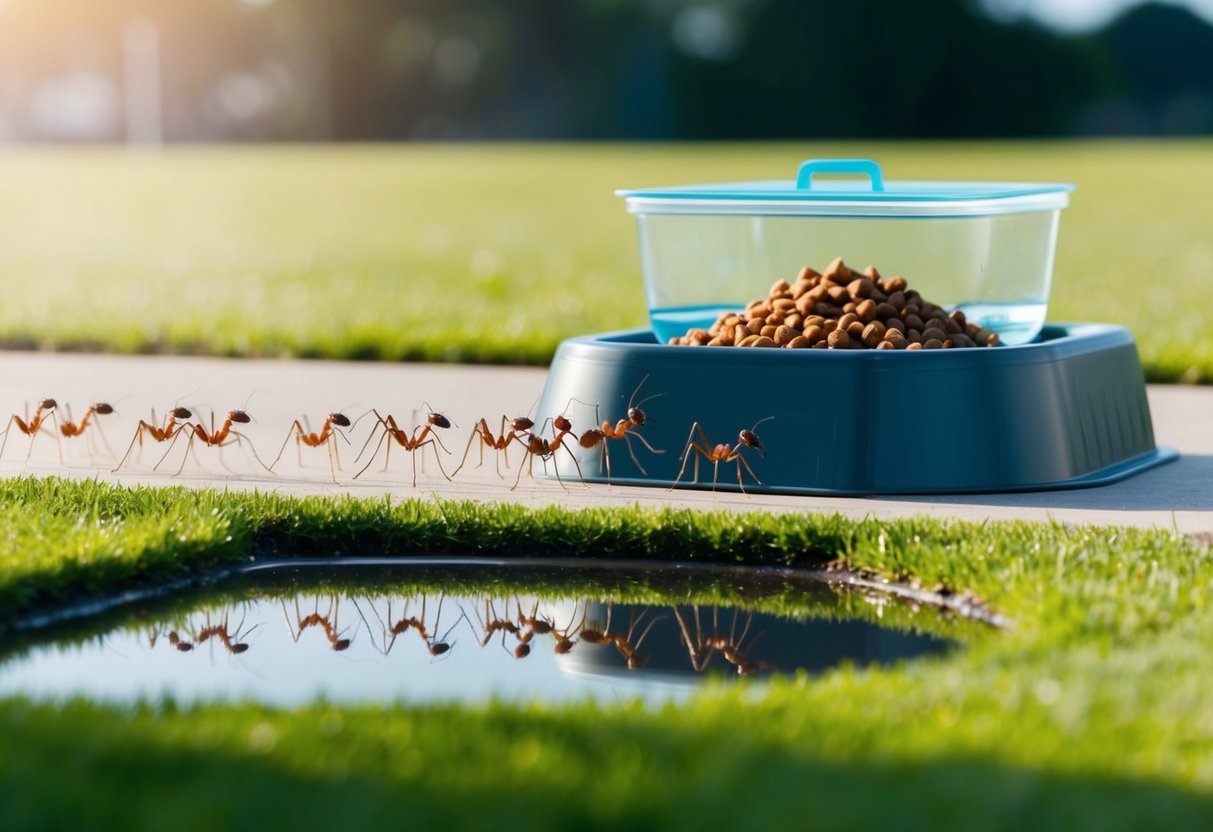 Ants marching towards pet food, forming a trail. Pet food placed in a sealed container on a raised platform. Ants deterred by a moat of water around the platform