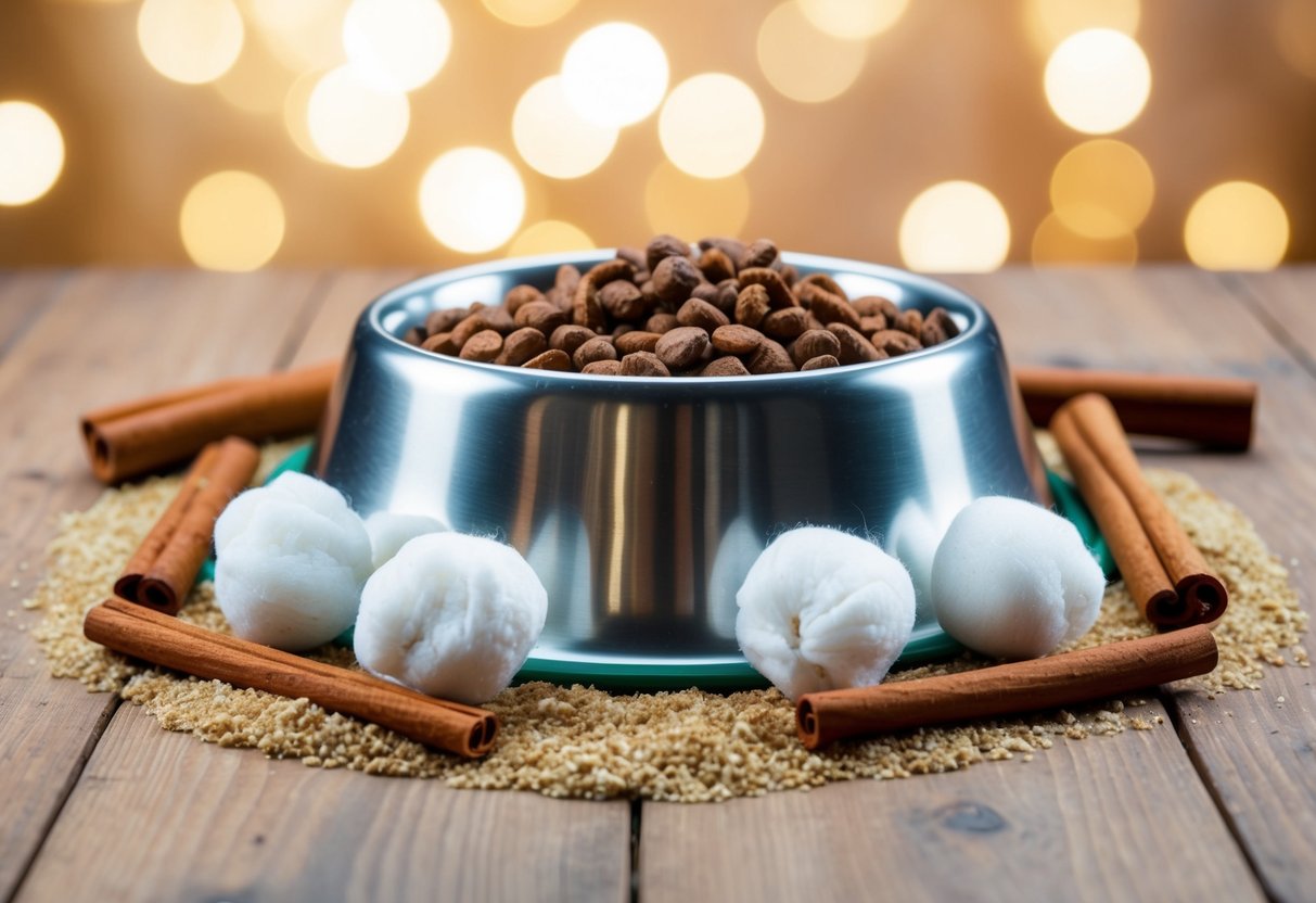 A pet food bowl surrounded by a barrier of cinnamon sticks, vinegar-soaked cotton balls, and a line of diatomaceous earth to deter ants