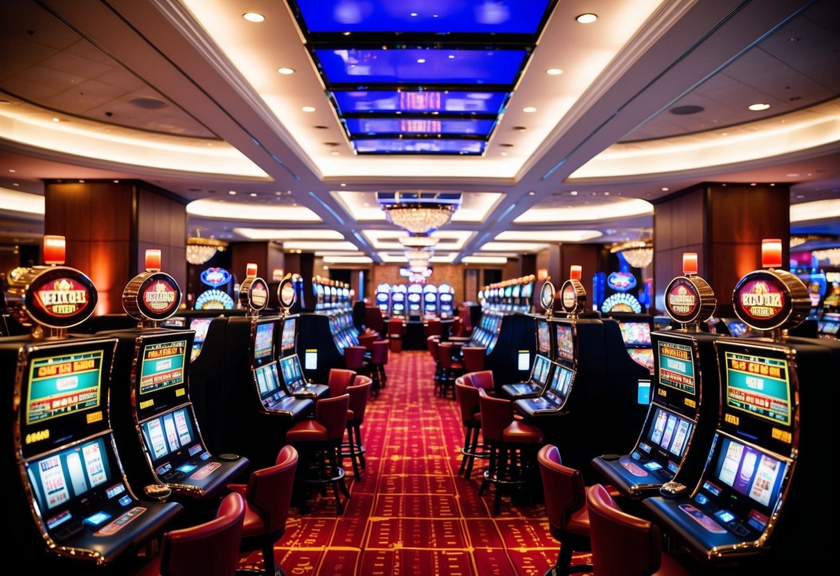 A bustling casino floor with slot machines, card tables, and a vibrant atmosphere