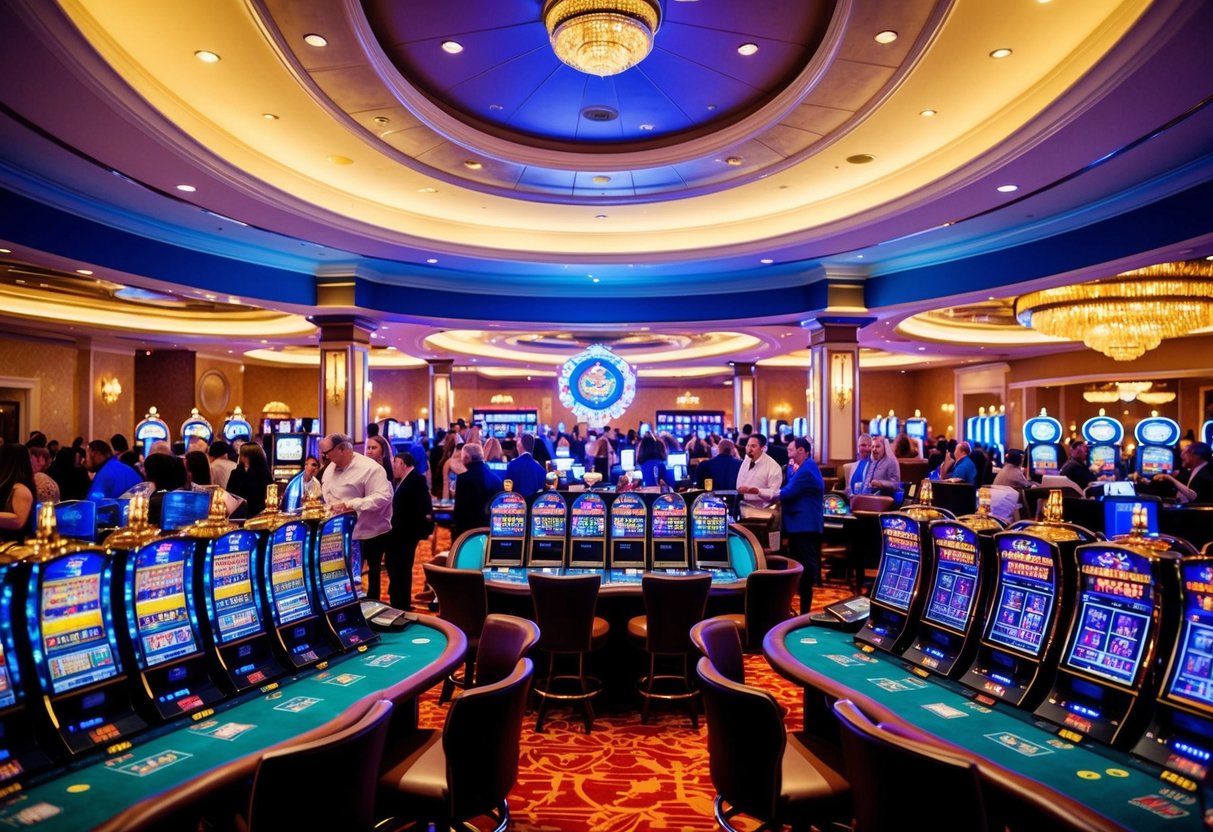 A colorful casino with slot machines, card tables, and a bustling crowd. Bright lights and a lively atmosphere fill the room