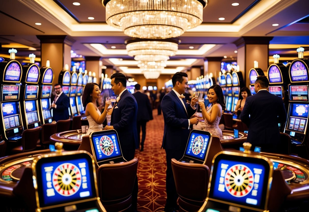 Brightly lit casino with rows of slot machines, card tables, and roulette wheels. Patrons in elegant attire mingle while sipping drinks