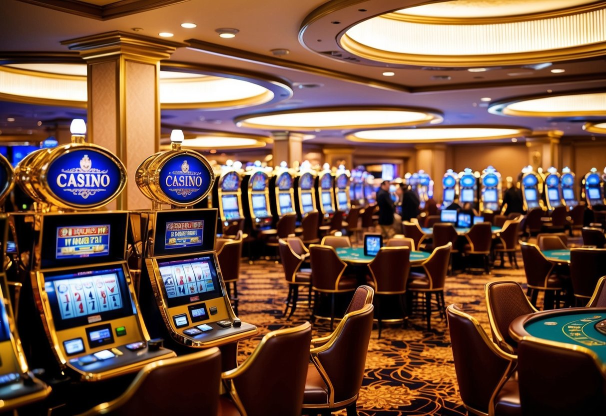 A luxurious casino with golden accents and elegant decor, featuring slot machines and card tables bustling with activity