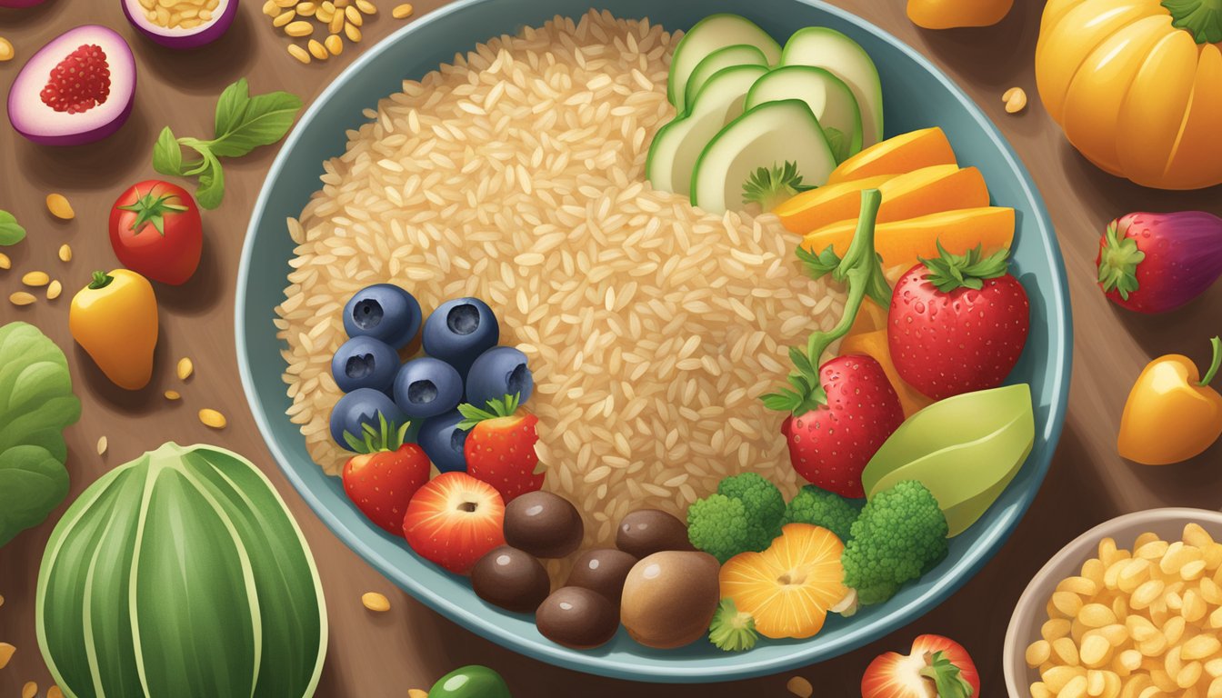 A bowl of Earth's Best organic brown rice infant cereal surrounded by fresh fruits and vegetables