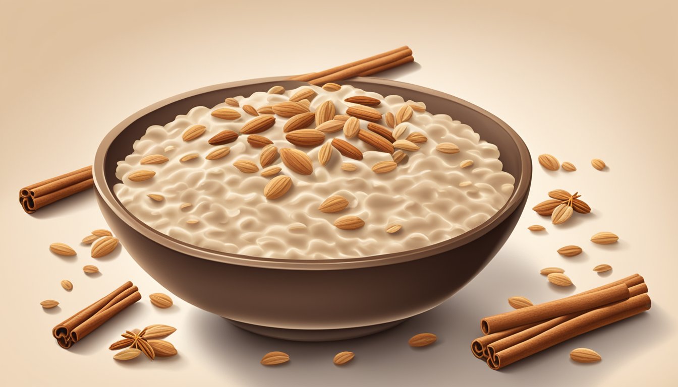 A bowl of Beech Nut oatmeal cereal with cinnamon, surrounded by scattered oats and a cinnamon stick, set against a rustic backdrop