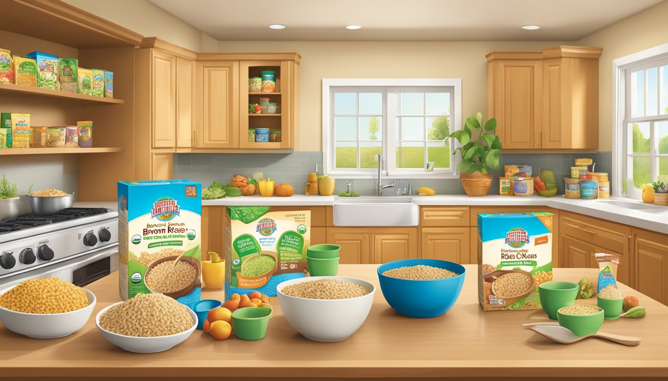 A colorful box of Earth's Best organic brown rice infant cereal surrounded by fresh, wholesome ingredients and a clean, organized kitchen