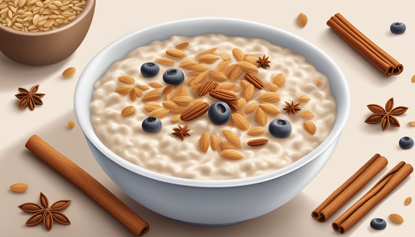 A bowl of Beech Nut Complete Oatmeal Cereal with Cinnamon surrounded by ingredients such as oats, cinnamon sticks, and milk