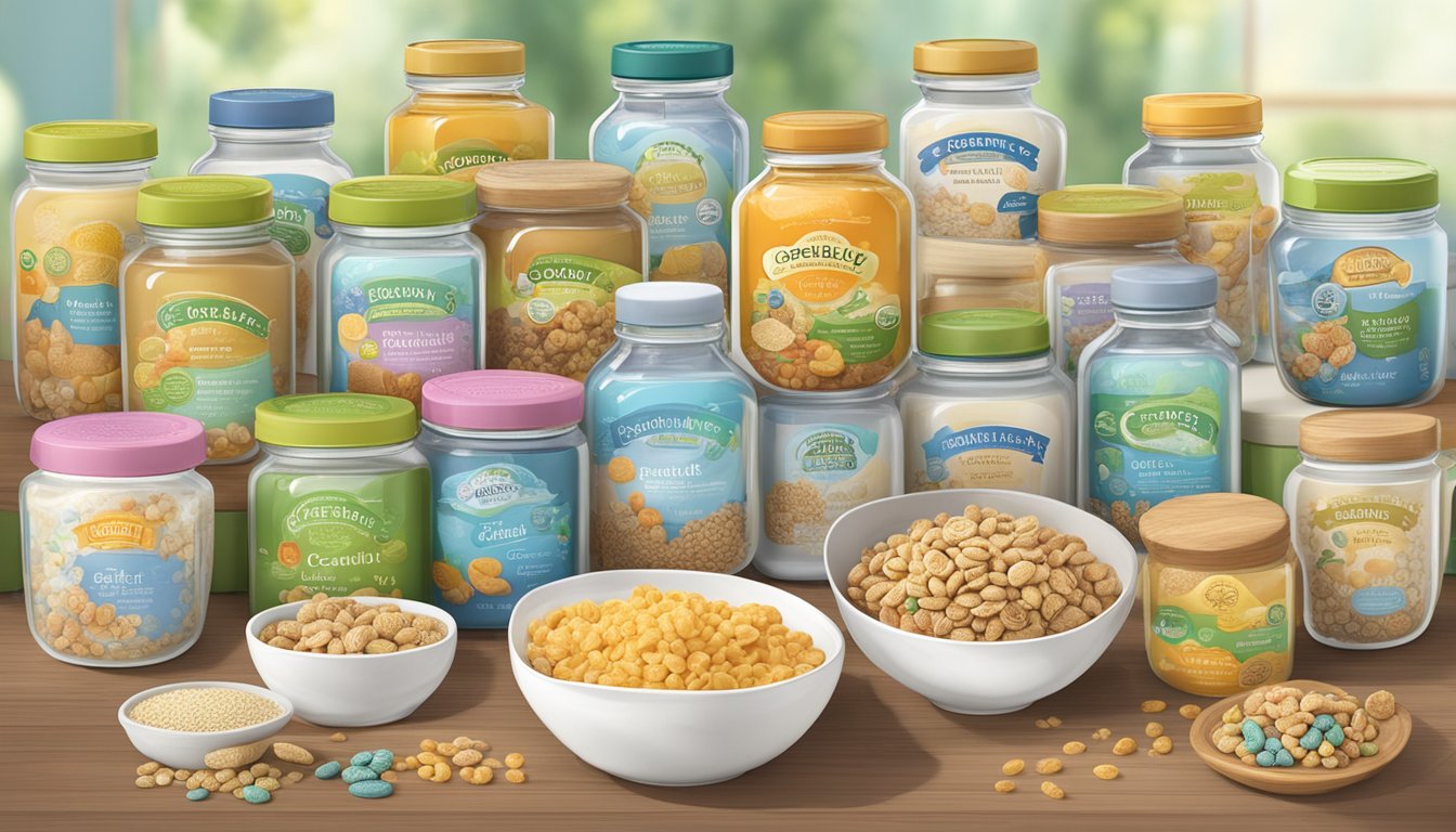 A table lined with jars of cerebelly organic baby cereal, surrounded by various certifications and awards