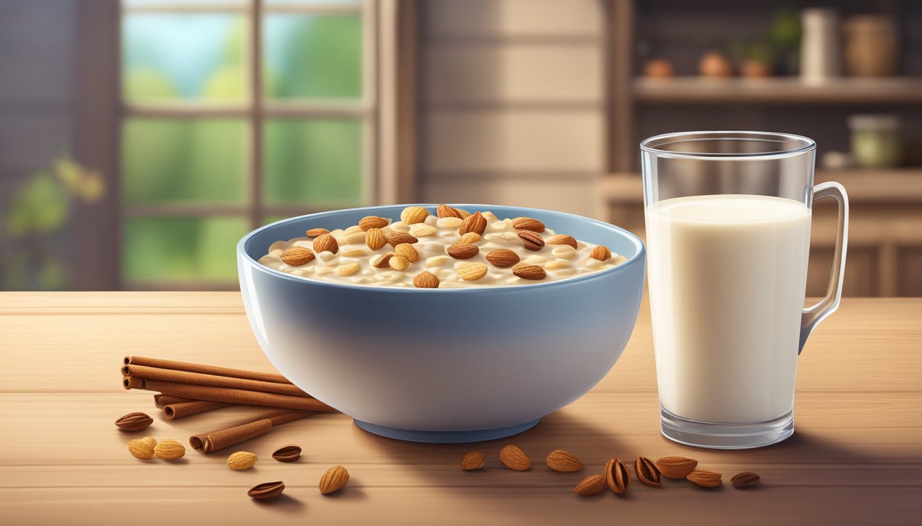 A bowl of Beech Nut Complete Oatmeal Cereal with Cinnamon surrounded by fresh fruits and a glass of milk on a wooden table