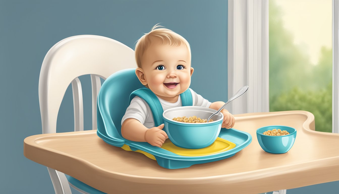 A baby's high chair with a bowl of cerebelly organic baby cereal and a spoon on the tray