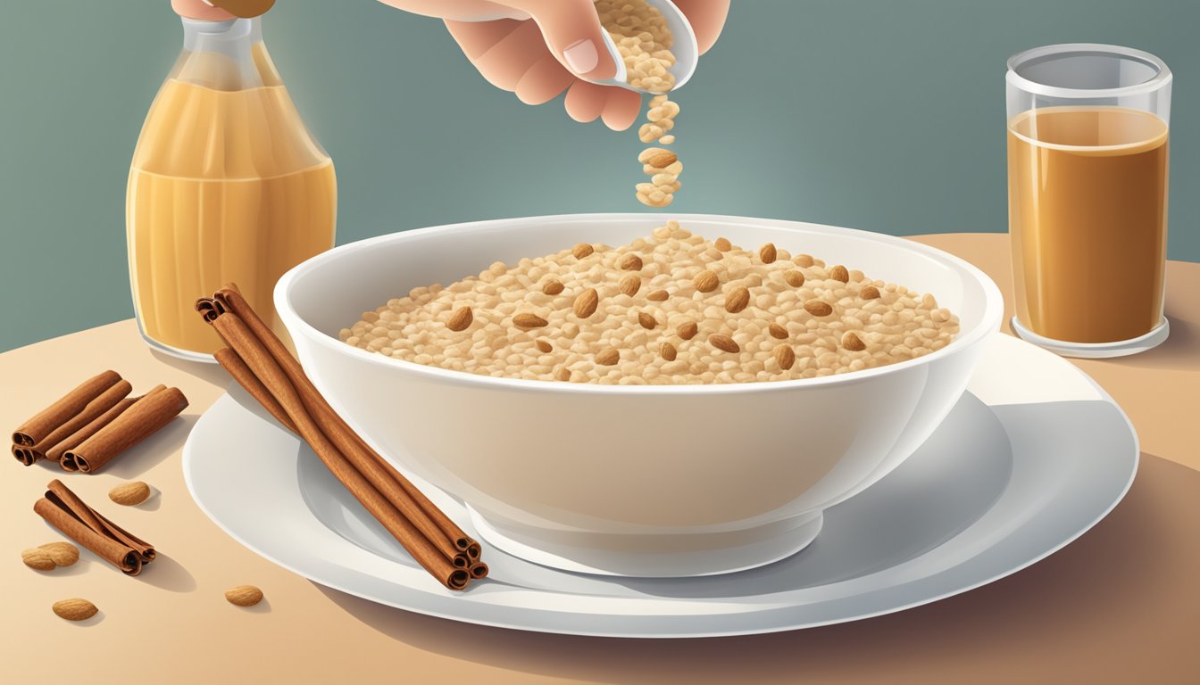 A bowl of oatmeal cereal with cinnamon being poured into a baby's feeding dish