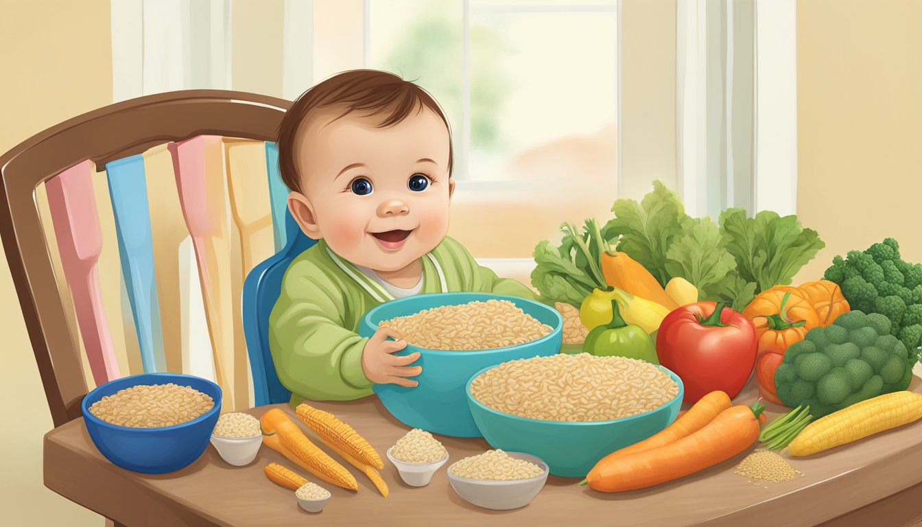 A baby's high chair with a bowl of Earth's Best Organic Brown Rice Infant Cereal, surrounded by various fruits and vegetables