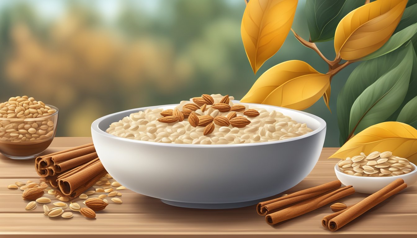 A bowl of oatmeal cereal with cinnamon on a wooden table, surrounded by natural elements like beech nuts and oat grains