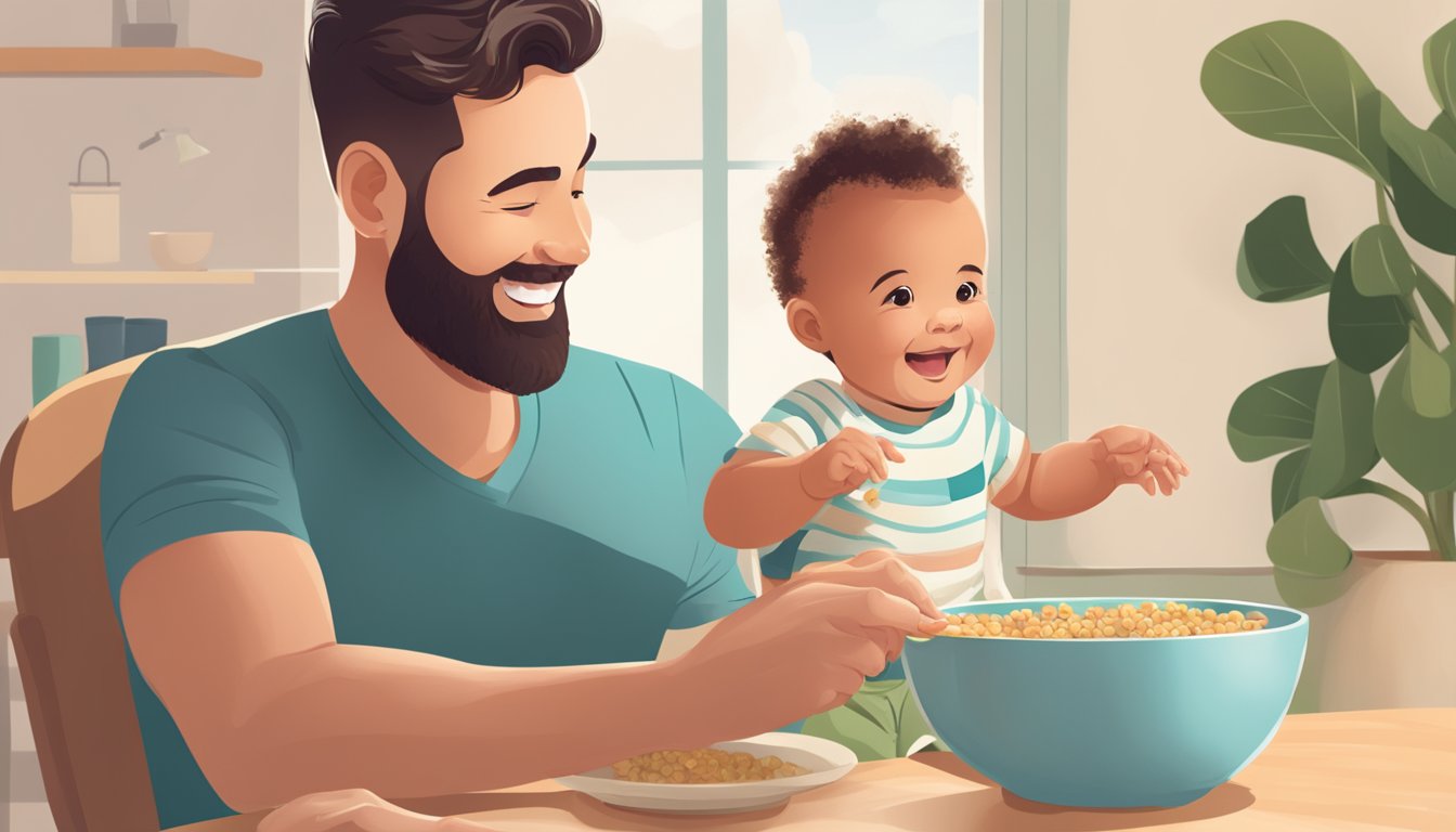 A smiling baby sitting in a high chair, eagerly reaching for a bowl of cerebelly organic baby cereal while a parent looks on lovingly