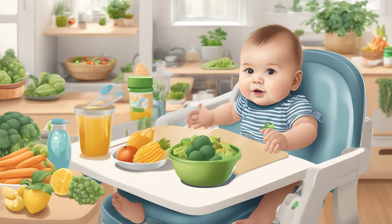 A baby sitting in a high chair, surrounded by various organic food items, with a digital device displaying privacy settings in the background