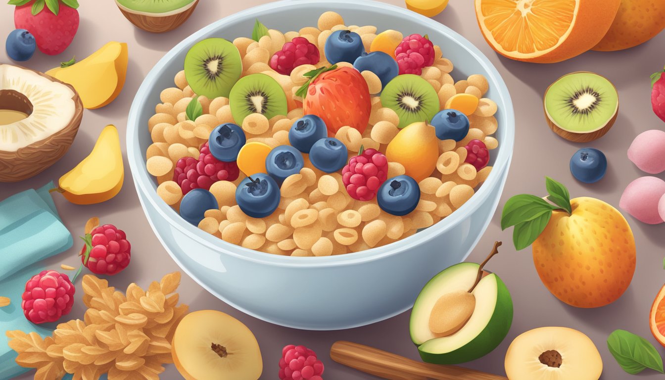 A bowl of cerebelly organic baby cereal surrounded by colorful illustrations of the ingredients such as fruits, grains, and milk