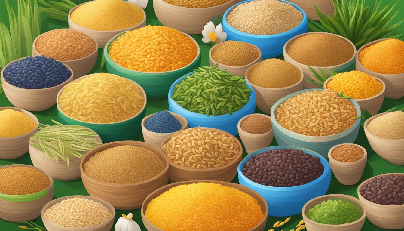 A colorful array of organic brown rice and other natural ingredients spread out on a market display, with the Earth's Best brand prominently featured