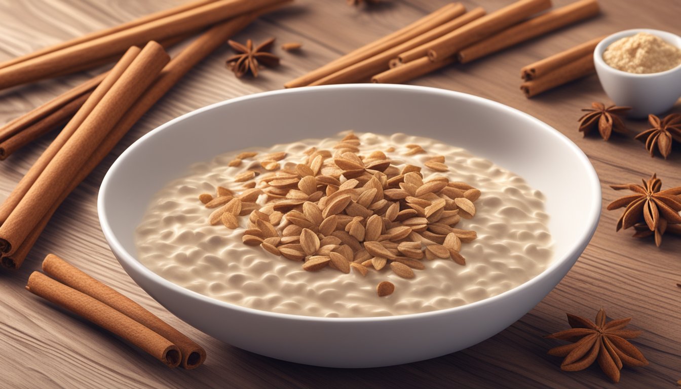 A bowl of Beech Nut Complete Oatmeal Cereal with Cinnamon sits on a wooden table, surrounded by scattered cinnamon sticks and a spoon