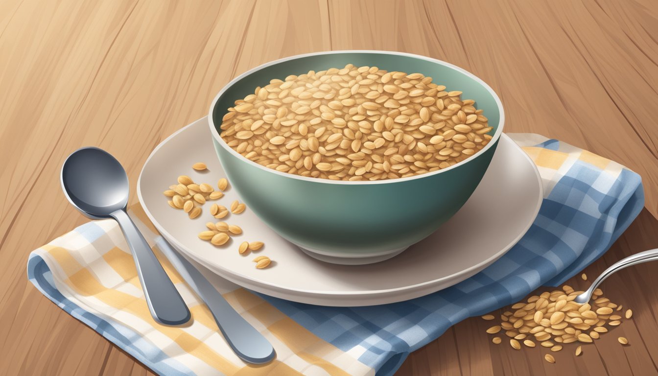 A bowl of Beech-Nut Multigrain Cereal with milk, a spoon, and a scattering of whole grains on a wooden table