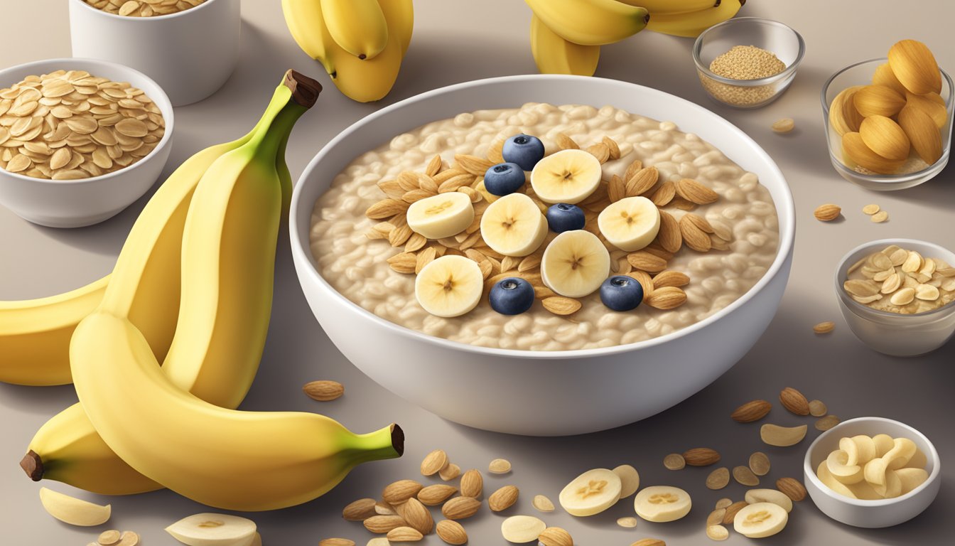 A bowl of Beech Nut organic oatmeal cereal with bananas surrounded by fresh ingredients like oats and ripe bananas