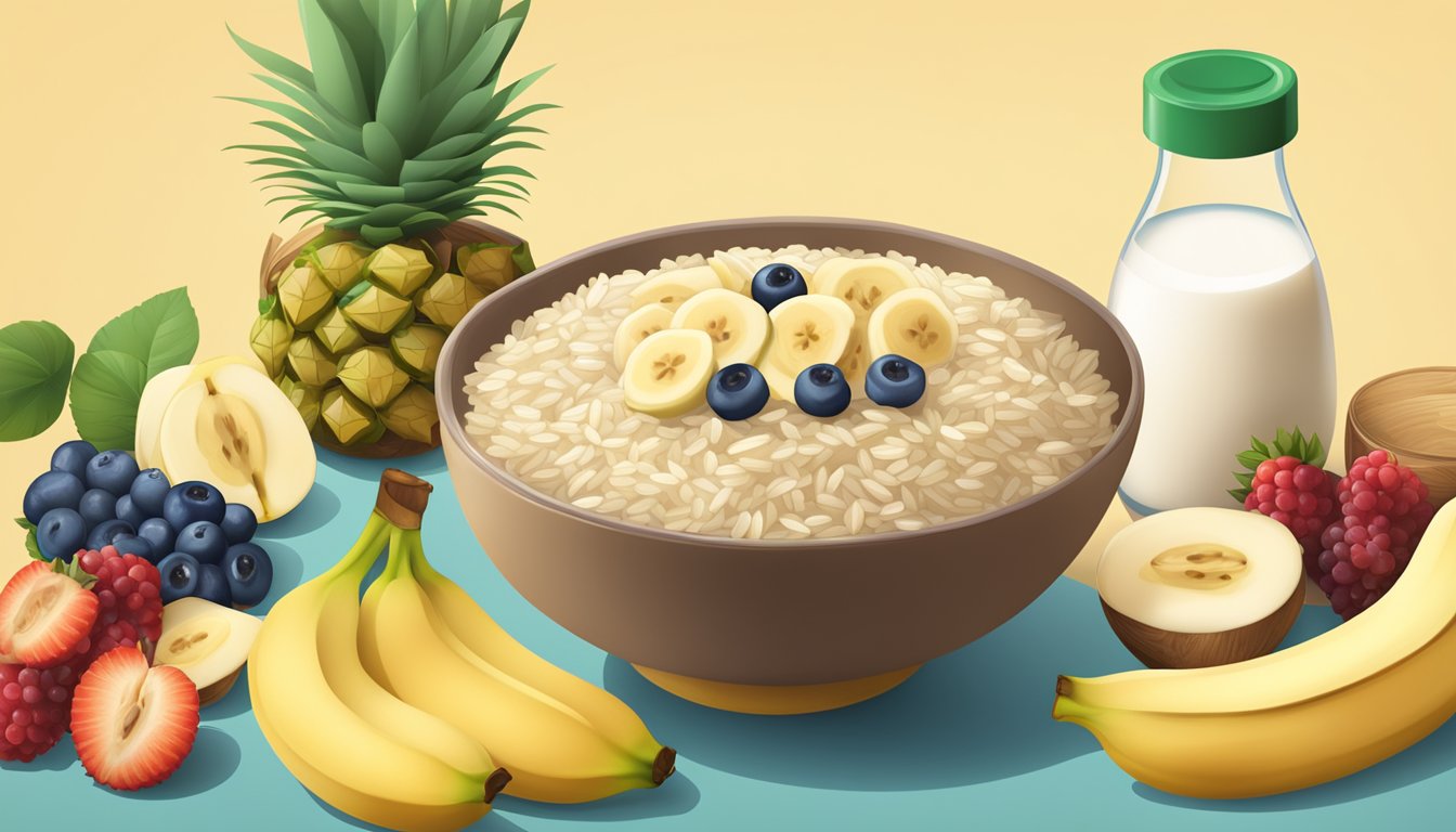 A bowl of beech nut organic rice cereal with bananas, surrounded by fresh fruit and a glass of milk