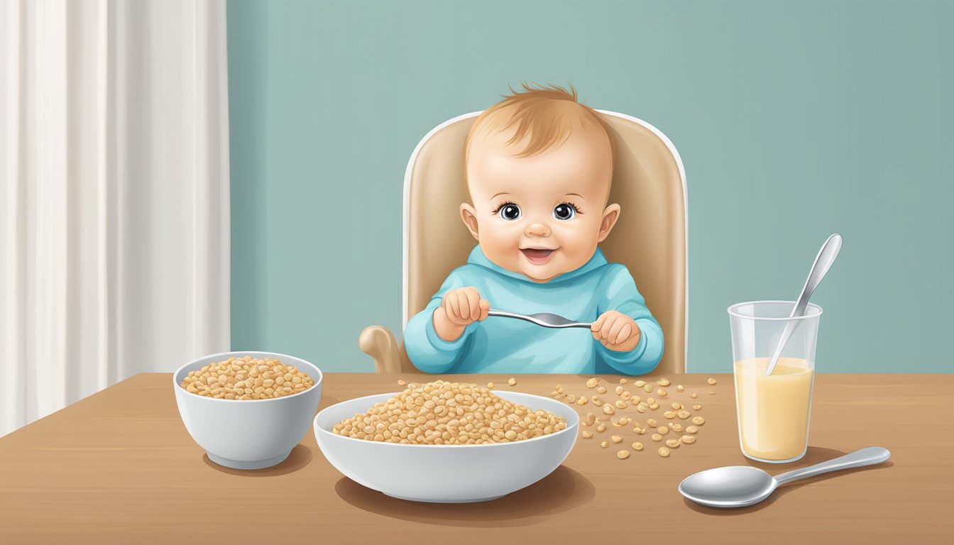 A baby's high chair with a bowl of Beech Nut multigrain cereal and a spoon on a clean, organized table