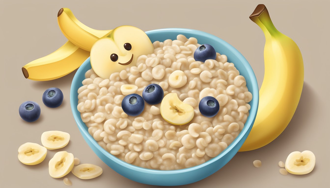 A bowl of Beech Nut organic oatmeal cereal with bananas surrounded by fresh fruit and a smiling baby spoon