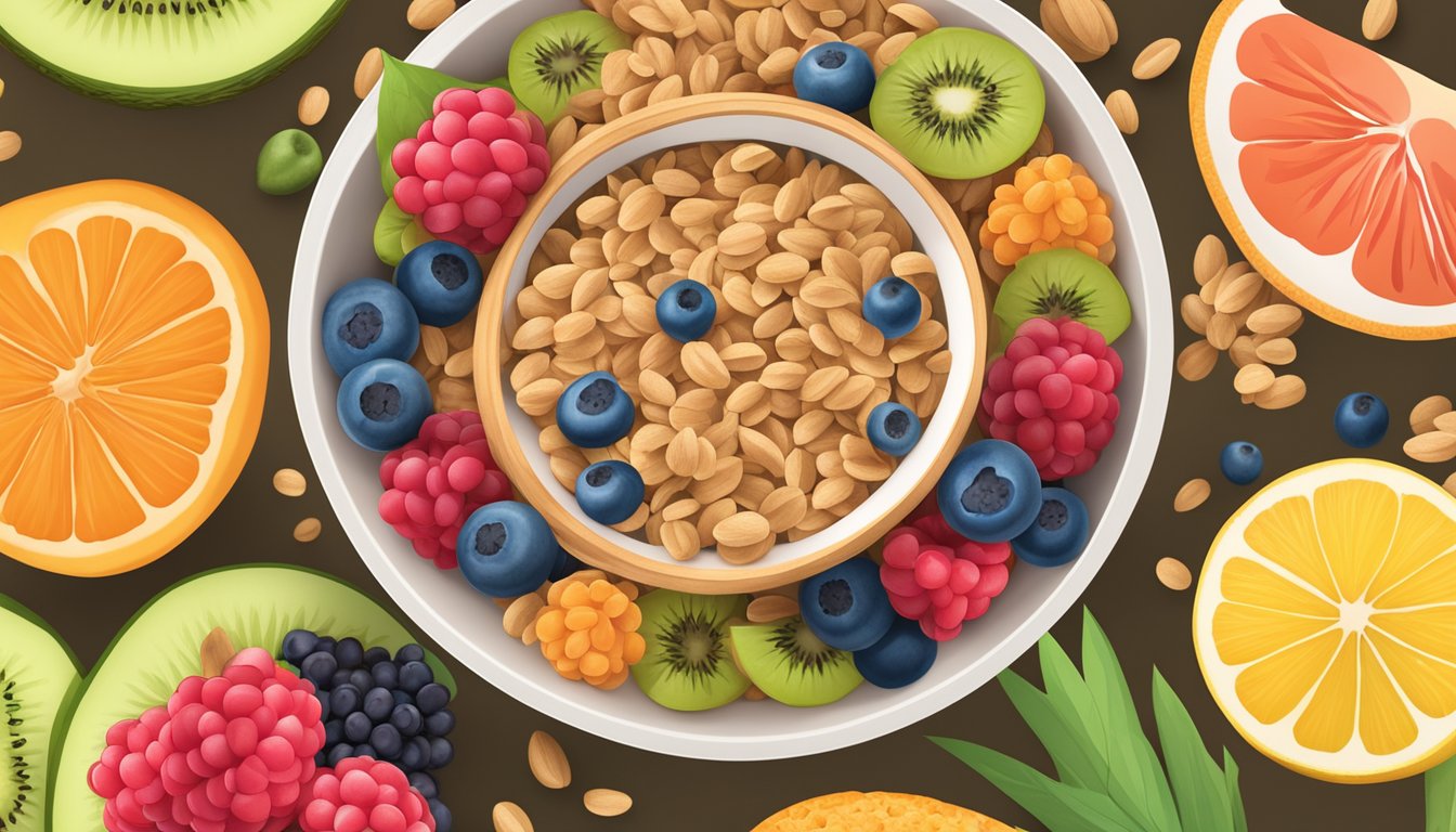 A colorful bowl filled with Beech-Nut multigrain cereal, surrounded by a variety of fresh fruits and a measuring spoon